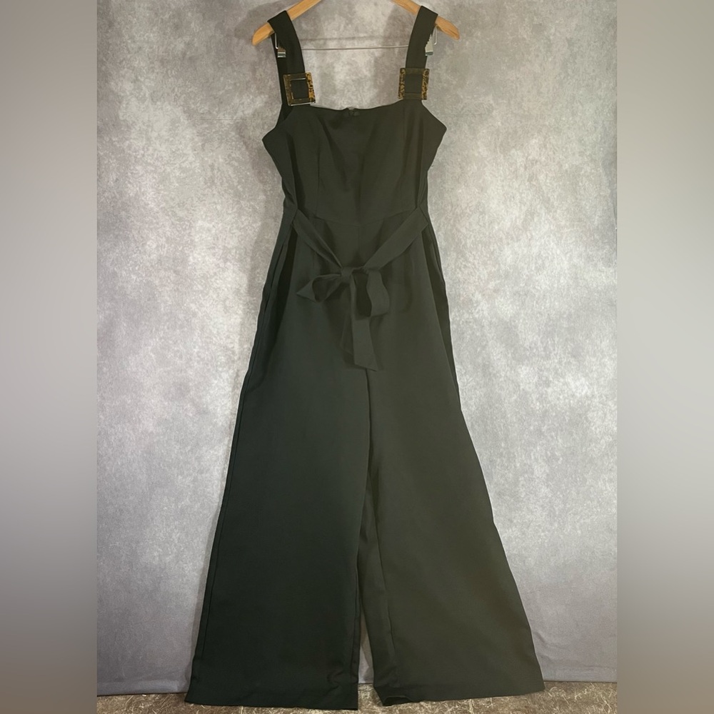 Betsey Johnson Jumpsuit Women 12 Black Tortoise Buckle Wide Leg Tie Waist‎ Zip